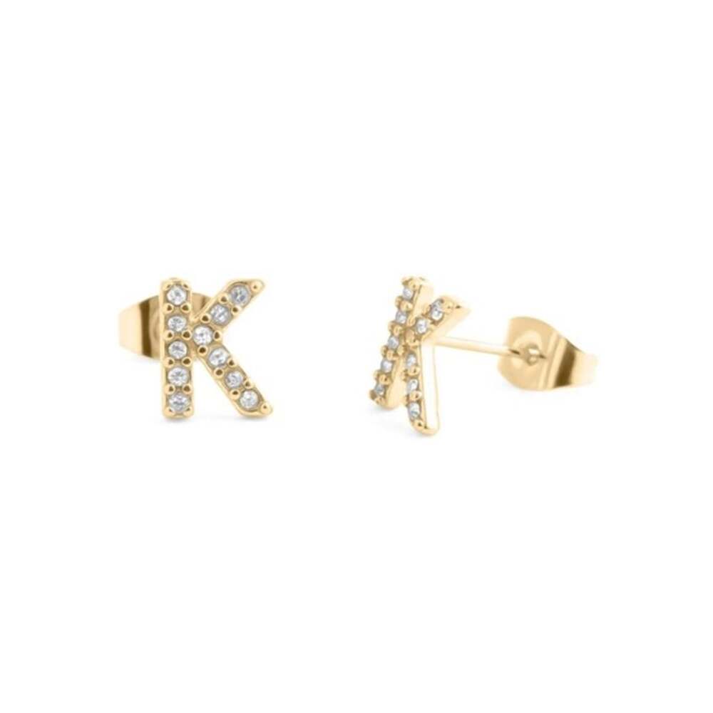 NWT 18K Gold PVD Initial Stud K Earrings Stones Waterproof Tarnish Free Dainty